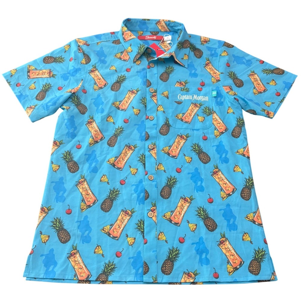 NWT Shinesty Captain Morgan Tropical Pineapple Cocktail Print Mens Shirt Medium